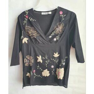 Claudia‎ Richard Black Embroidered Floral V-Neck 3/4 Sleeve Cotton Top Small